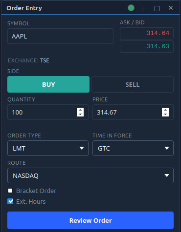 TickForge order entry panel with bracket order controls