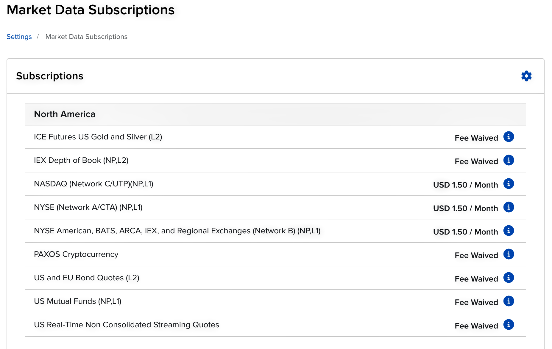 IBKR account — Market Data Subscriptions (US example)