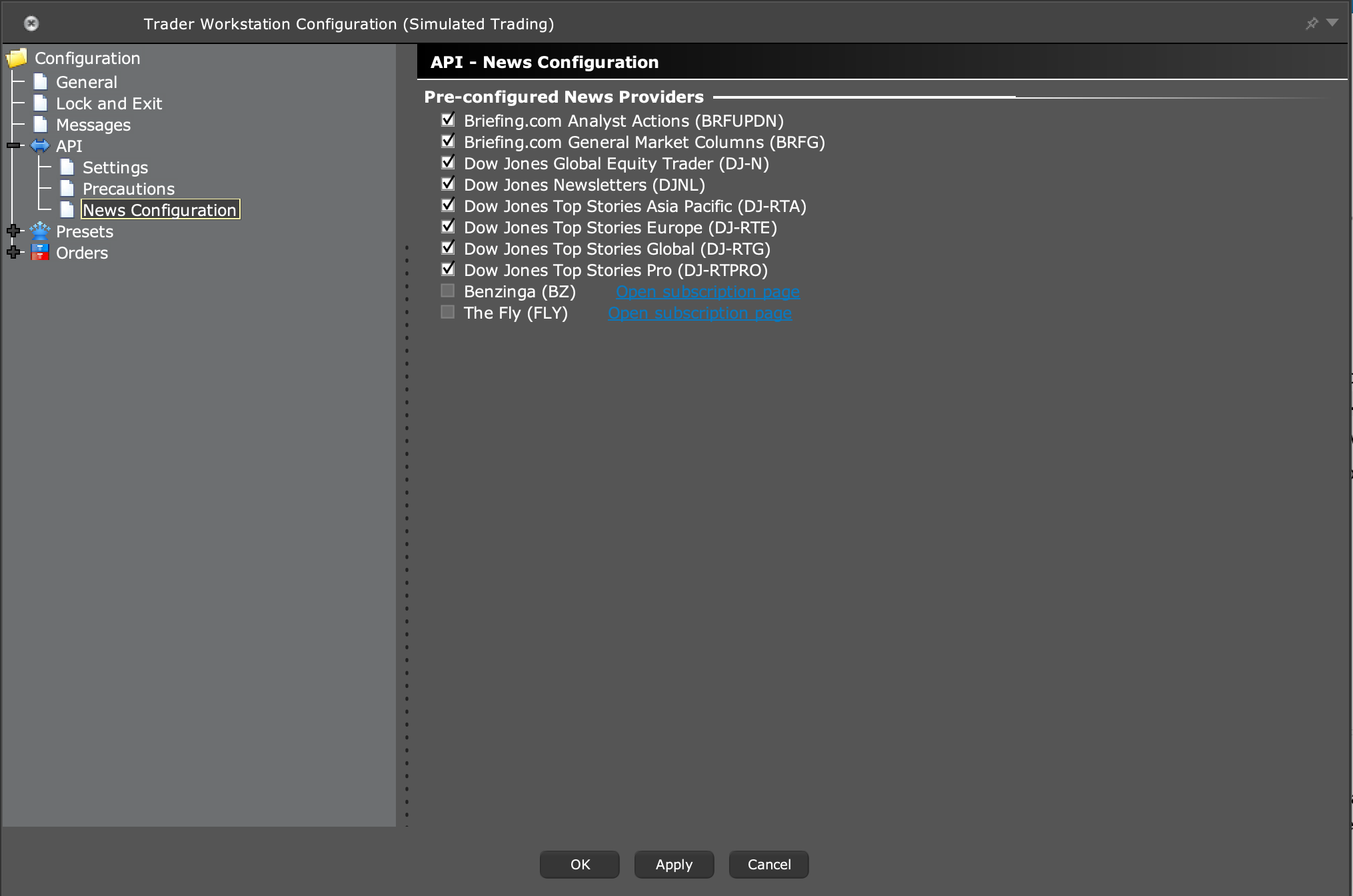 TWS / IB Gateway — API News Configuration