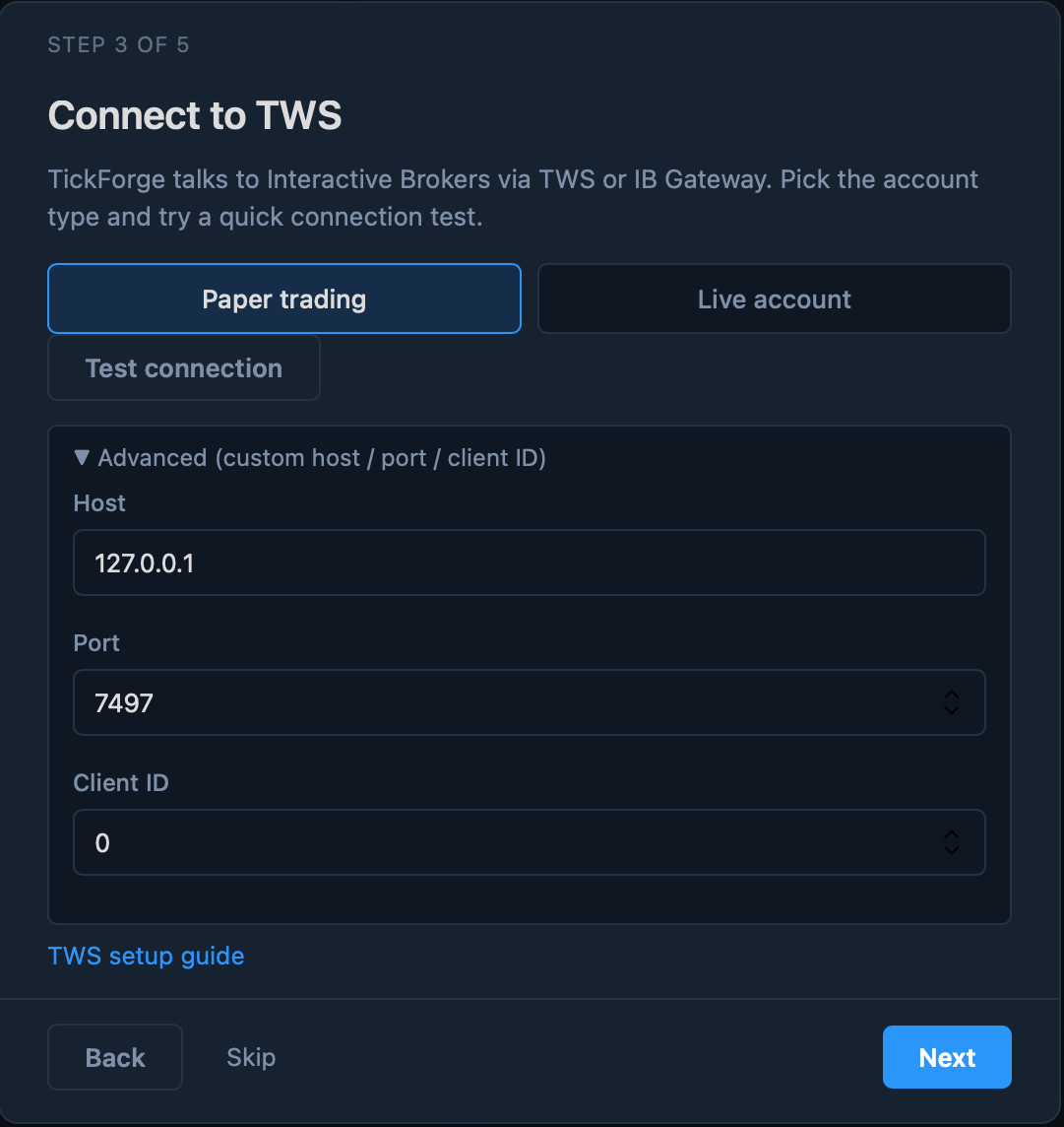 TickForge onboarding — connect to TWS