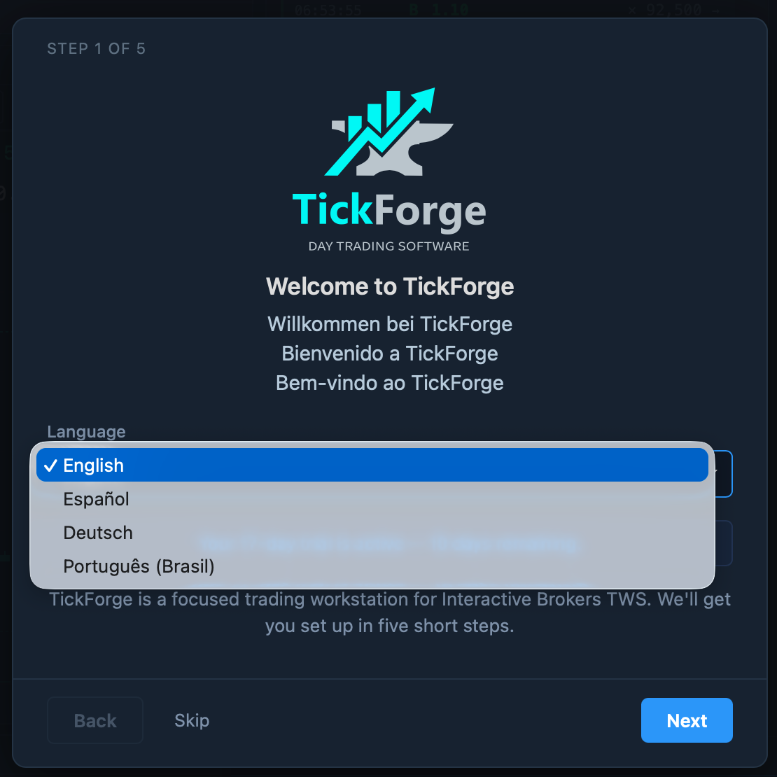 TickForge onboarding — language selection