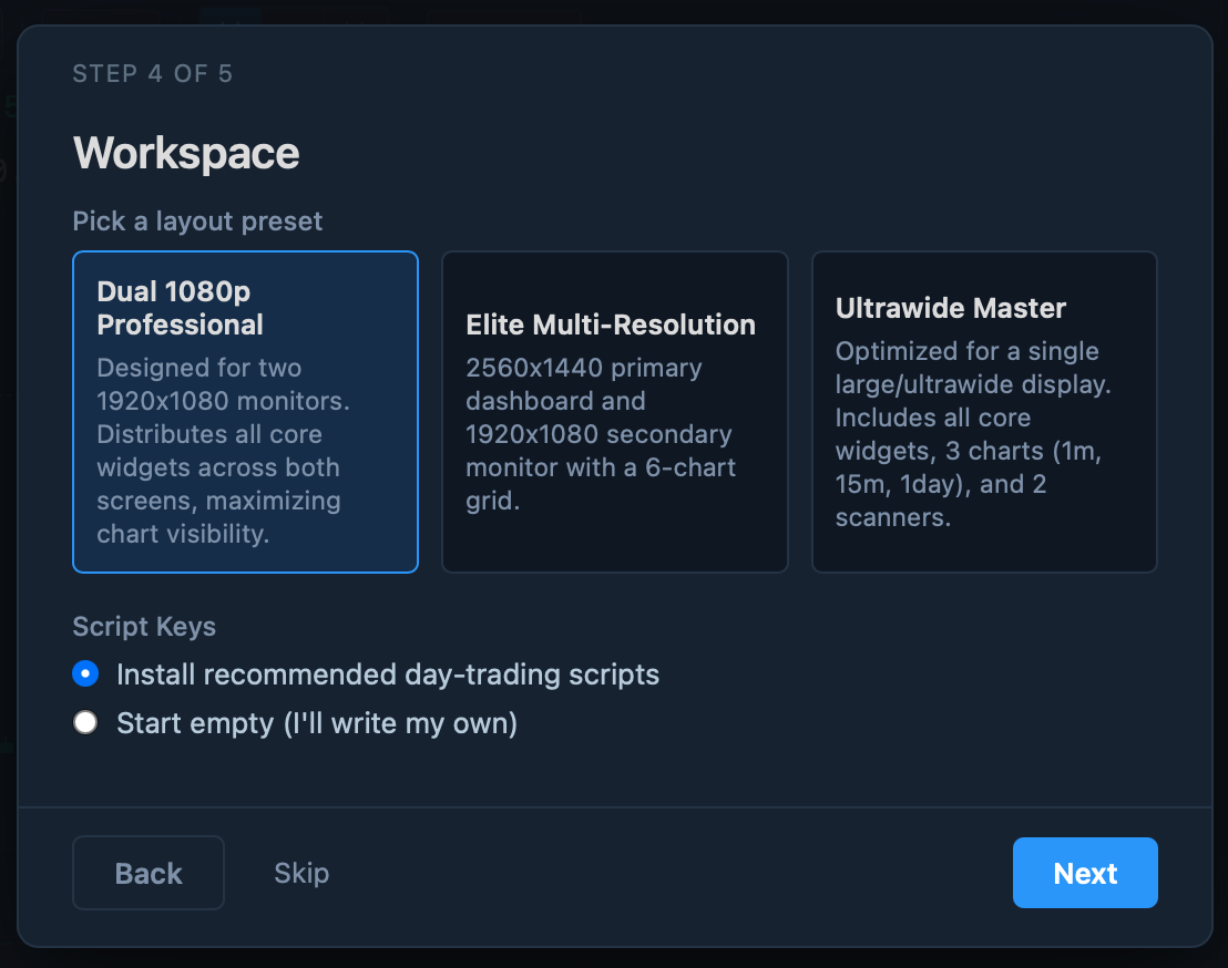 TickForge onboarding — workspace presets
