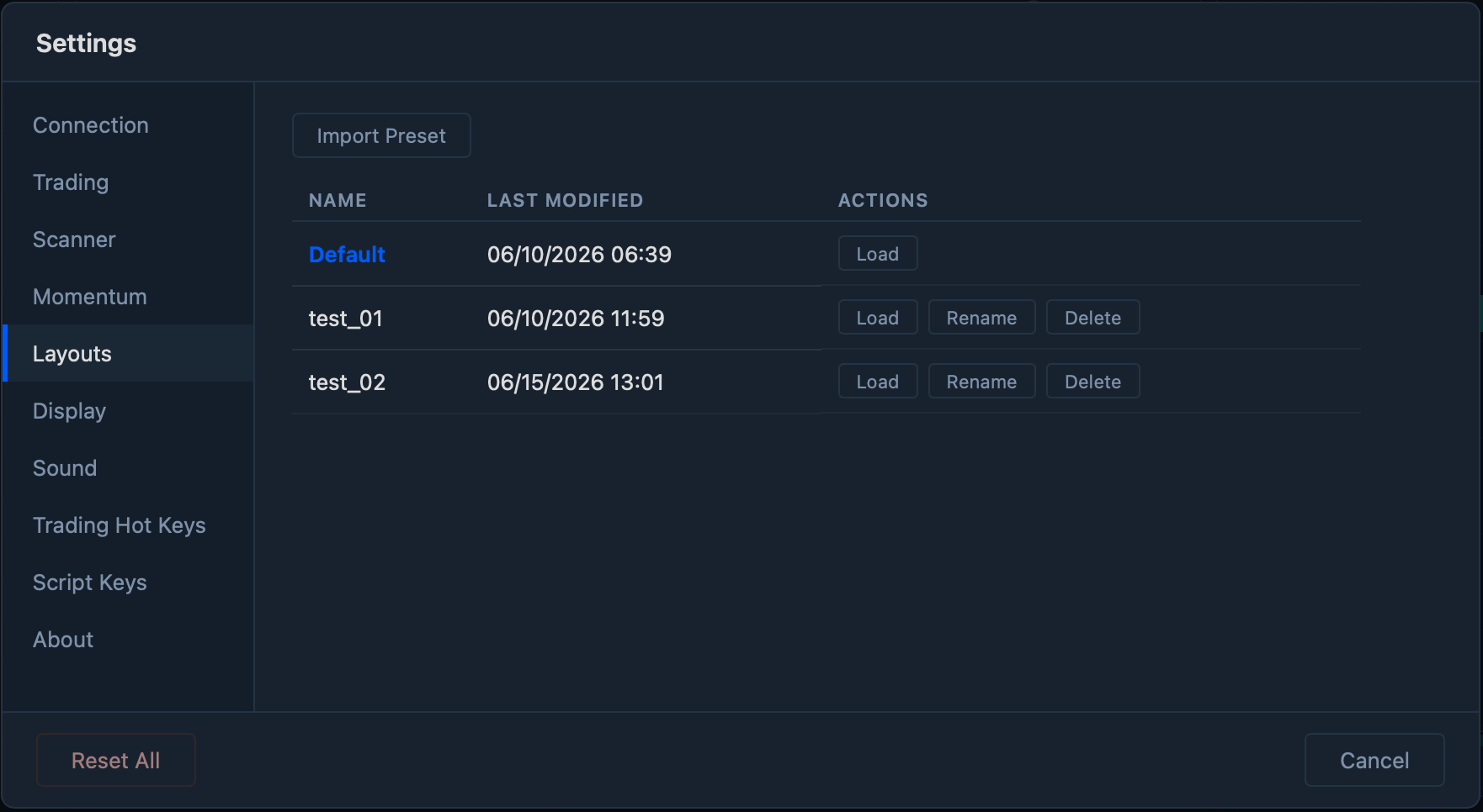 Layouts settings