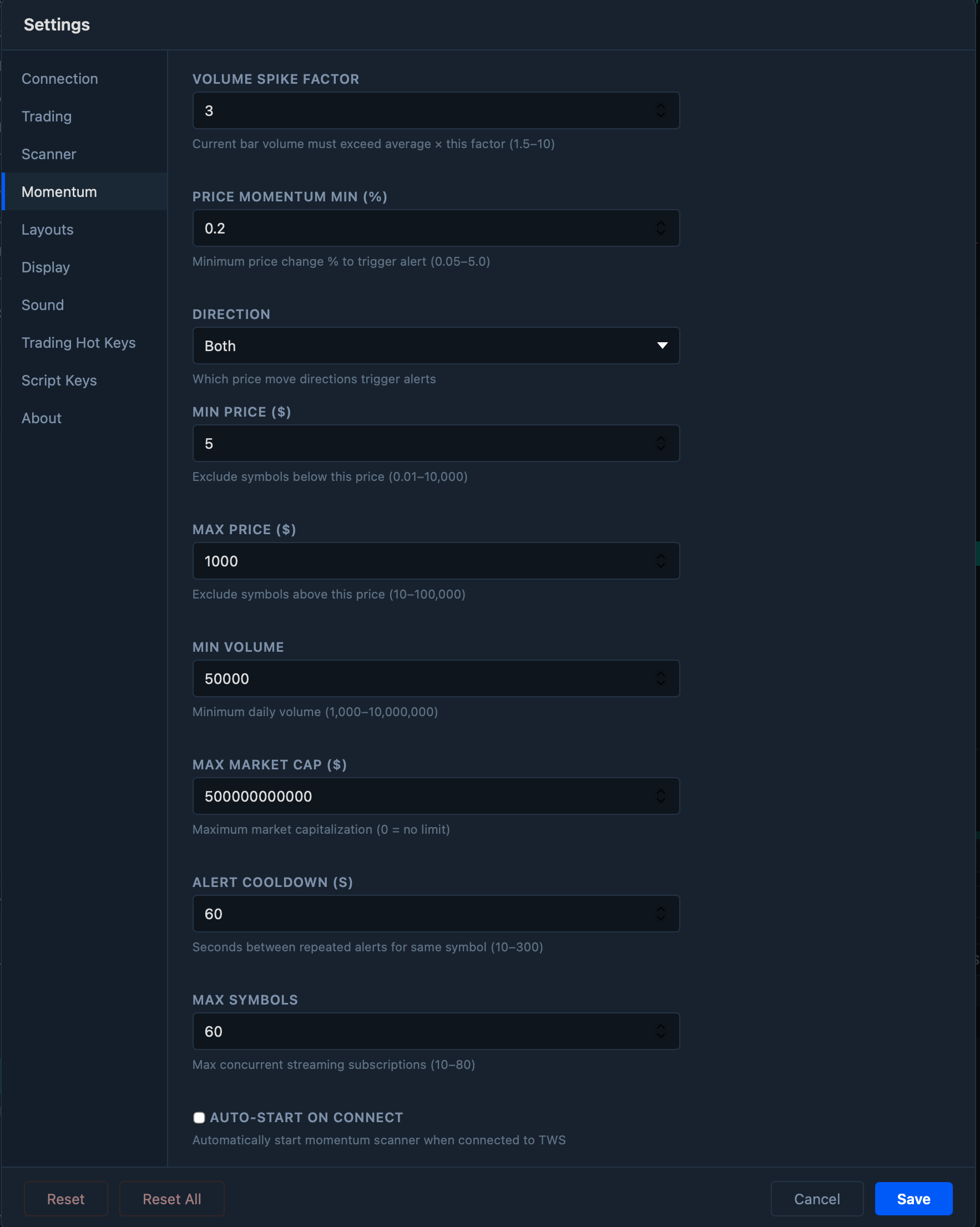 Momentum settings