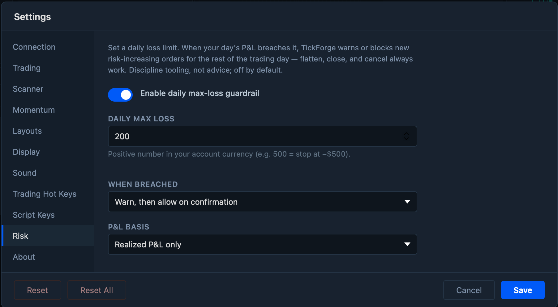 Risk settings