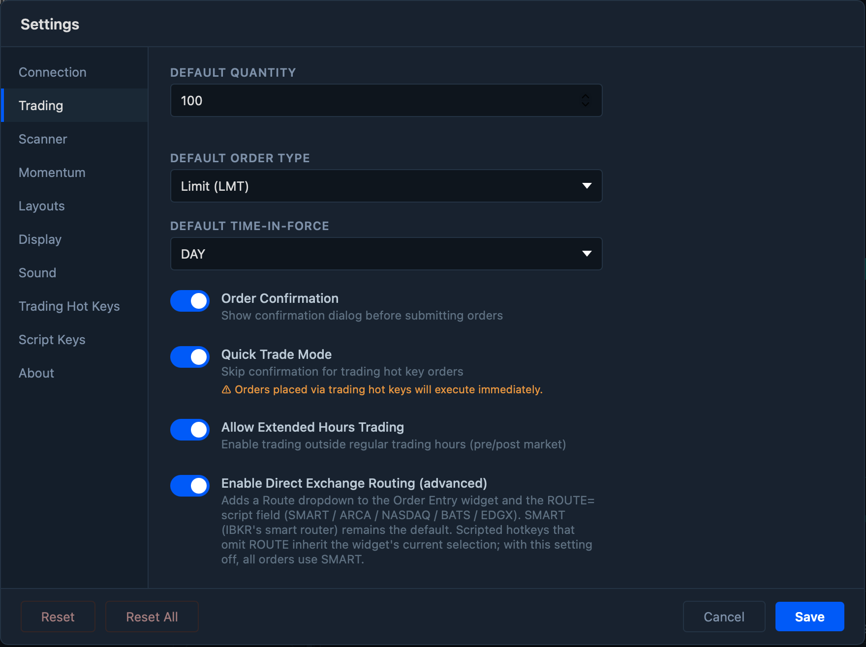 Trading settings