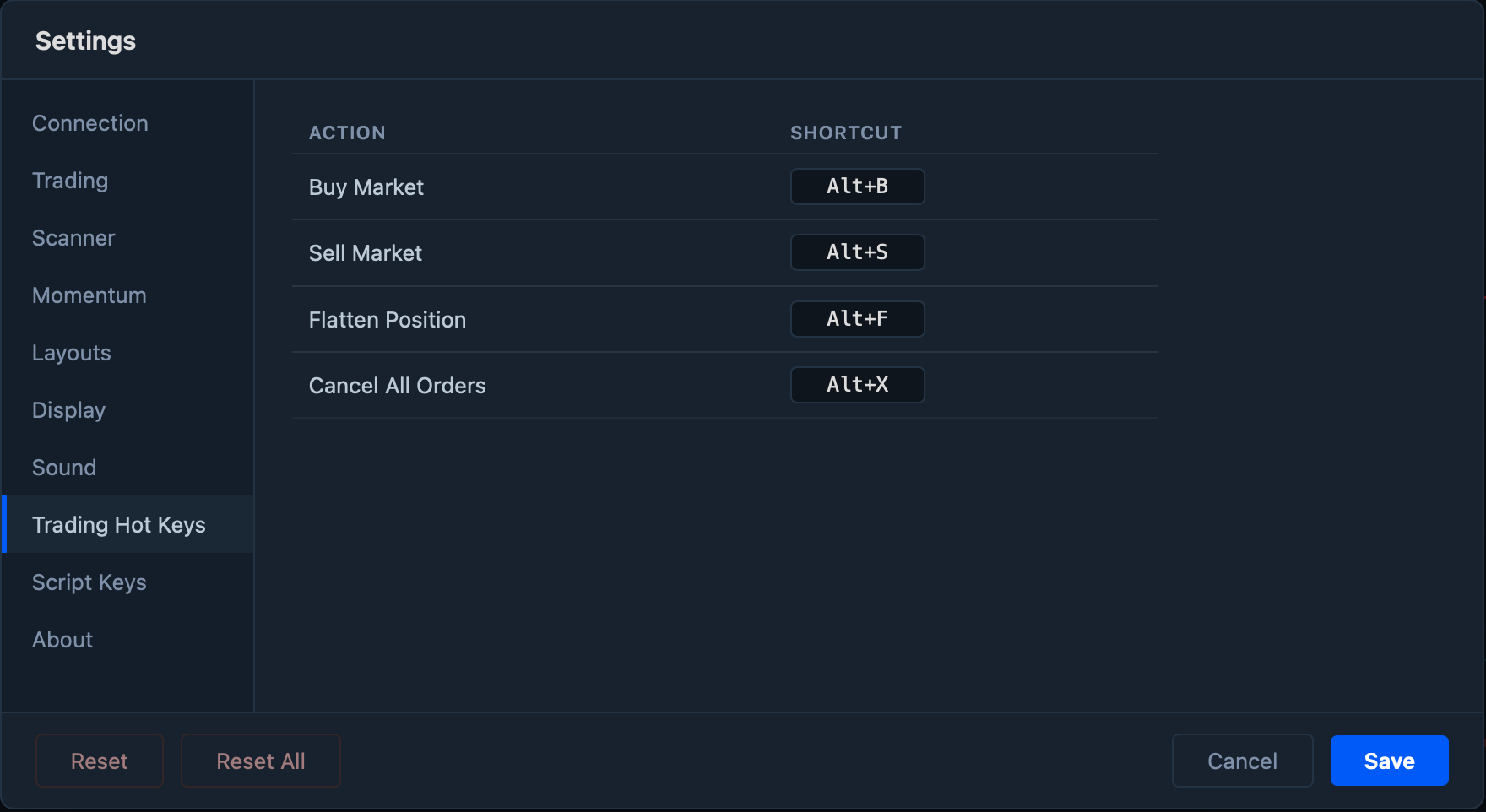 Trading hot keys settings
