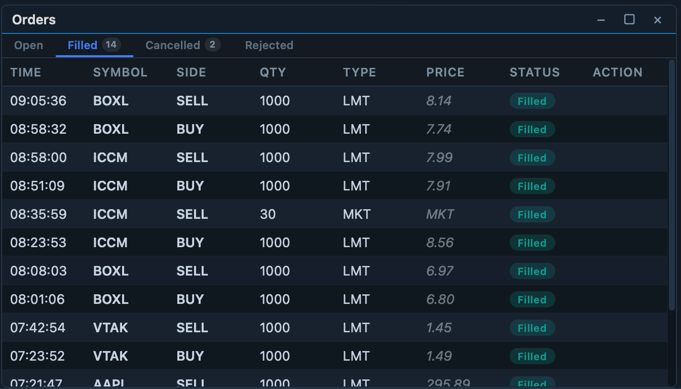 Orders widget — Filled tab